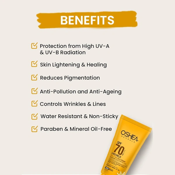 Oshea Herbals UVShield 9 in 1 Sun Block Cream SPF 70, 120ml with PA+++ | High SPF UVA & UVB Protection |Oil-Free & Hydrating | Brightening & Water-Resistant & Matte Finish Formula