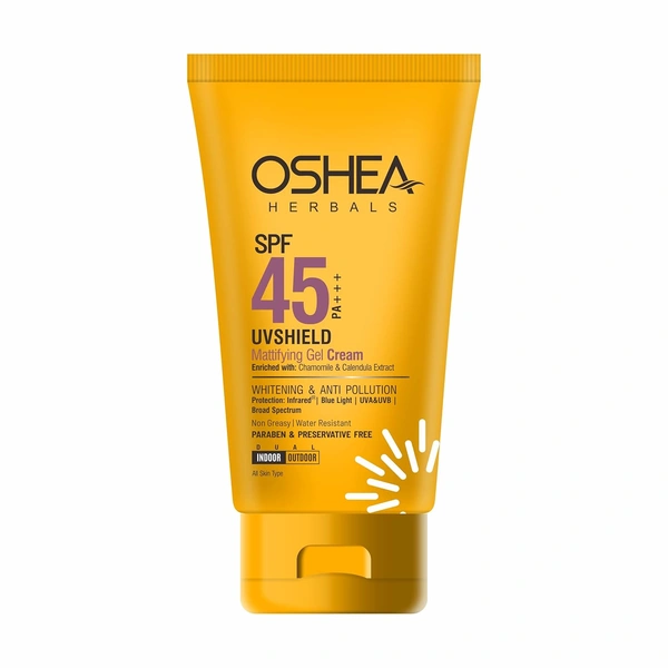Oshea Herbals UVShield Mattifying Gel Cream SPF 45, 60gm with PA+++ | Broad-Spectrum UVA & UVB Protection | Lightweight, Oil-Free, Water-Resistant Formula | Shine-Free Finish