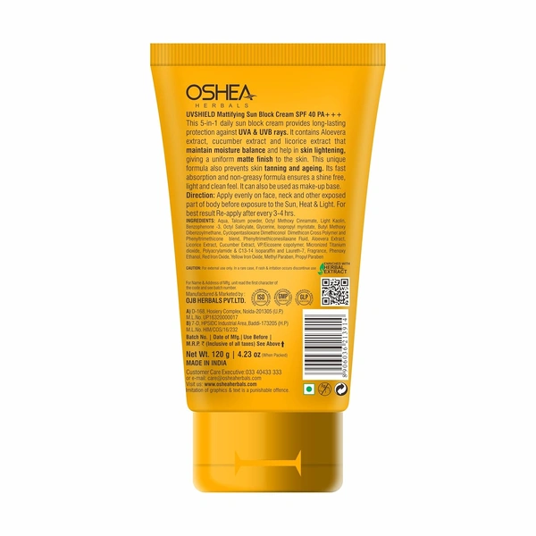 Oshea Herbals UVShield Sun Block Mattyfying Cream SPF 40, 120g | Broad-Spectrum UVA & UVB Protection | Oil-Free, Lightweight, Non-Greasy Formula | Hydrating & Tan Protection