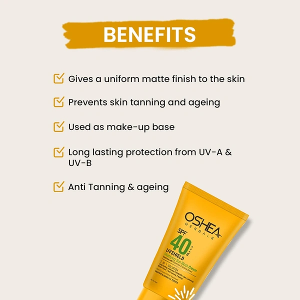 Oshea Herbals UVShield Sun Block Mattyfying Cream SPF 40, 120g | Broad-Spectrum UVA & UVB Protection | Oil-Free, Lightweight, Non-Greasy Formula | Hydrating & Tan Protection