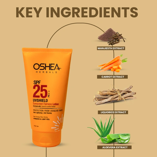 Oshea Herbals UVShield Sunscreen Fairness Lotion SPF 25, 120g | Broad-Spectrum UVA/UVB Protection | Prevents Tanning & Lightweight | Non-Greasy, with Aloe Vera & Licorice