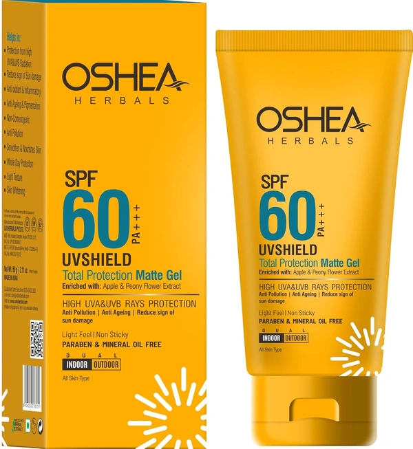 Oshea Herbals UVShield Total Protection Matte Gel SPF 60, 60gm with PA+++ | High SPF UVA & UVB Protection | Lightweight & Oil-Free | Water-Resistant & Shine-Free Formula