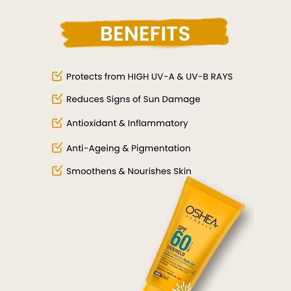 Oshea Herbals UVShield Total Protection Matte Gel SPF 60, 60gm with PA+++ | High SPF UVA & UVB Protection | Lightweight & Oil-Free | Water-Resistant & Shine-Free Formula