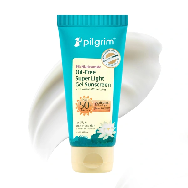 Pilgrim 5% Niacinamide Oil-Free Super Light Gel Sunscreen with Korean White Lotus, 40ml | SPF 50 PA++++ | UVShieldX Technology | For Oily & Acne-Prone Skin | No White Cast