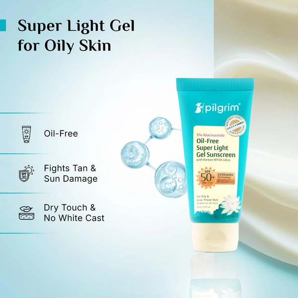 Pilgrim 5% Niacinamide Oil-Free Super Light Gel Sunscreen with Korean White Lotus, 40ml | SPF 50 PA++++ | UVShieldX Technology | For Oily & Acne-Prone Skin | No White Cast