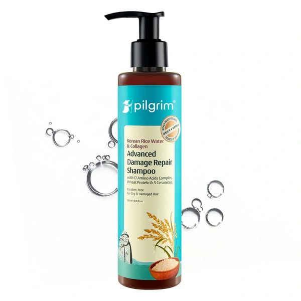 Pilgrim Advanced Damage Repair Shampoo 200ml with Korean Rice Water & Collagen for Unisex use | 17 Amino Acids, Wheat Protein & 5 Ceramides | Paraben-Free Formula for Dry, Damaged Hair