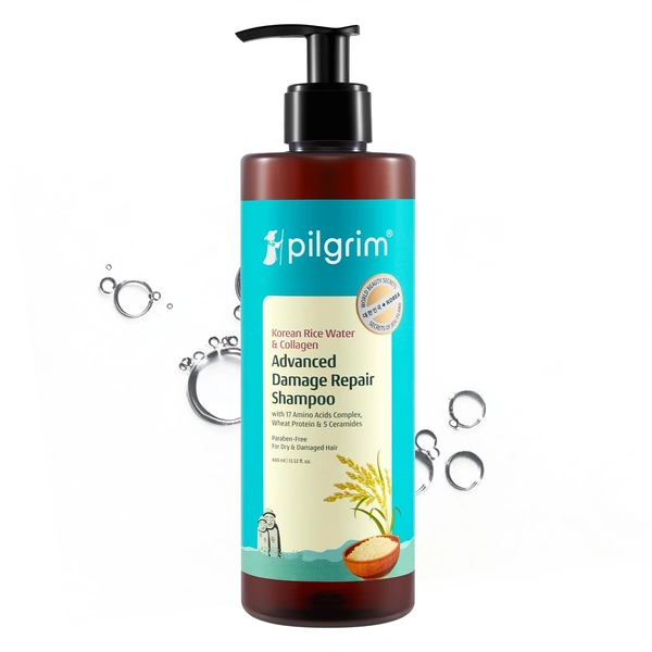 Pilgrim Advanced Damage Repair Shampoo 400ml with Korean Rice Water & Collagen for Unisex use | 17 Amino Acids, Wheat Protein & 5 Ceramides | Paraben-Free Formula for Dry, Damaged Hair