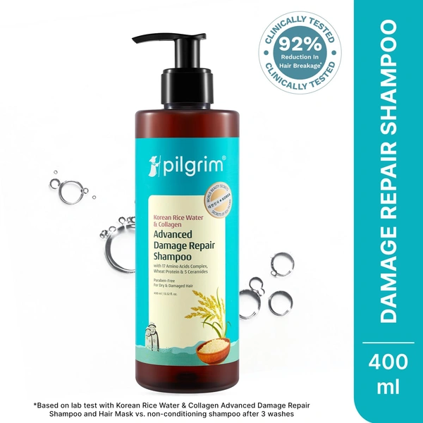 Pilgrim Advanced Damage Repair Shampoo 400ml with Korean Rice Water & Collagen for Unisex use | 17 Amino Acids, Wheat Protein & 5 Ceramides | Paraben-Free Formula for Dry, Damaged Hair