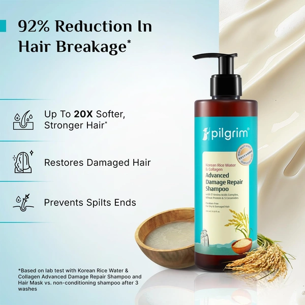 Pilgrim Advanced Damage Repair Shampoo 400ml with Korean Rice Water & Collagen for Unisex use | 17 Amino Acids, Wheat Protein & 5 Ceramides | Paraben-Free Formula for Dry, Damaged Hair