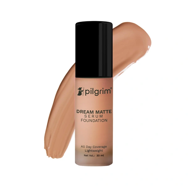 Pilgrim Dream Matte Serum Foundation (Rich Caramel 325), 30ml | Lightweight, Long-Wearing Formula for a Smooth Matte Finish with Natural Coverage.