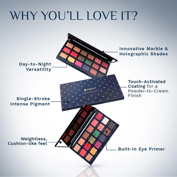 Pilgrim Eyeshadow Palette Midnight in Paris | 18-in-1 Ultra Glam Eye Shades | High Pigmented Multi Texture Palette | Smooth Blend, Long Lasting & Easy to Layer Eye Makeup