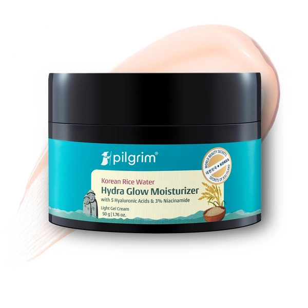 Pilgrim Korean Rice Water Hydra Glow Moisturizer 50g | With 5 Hyaluronic Acid & 3% Niacinamide | Hydrating, Brightening & Plumping Cream | Paraben-Free, Suitable for All Skin Types