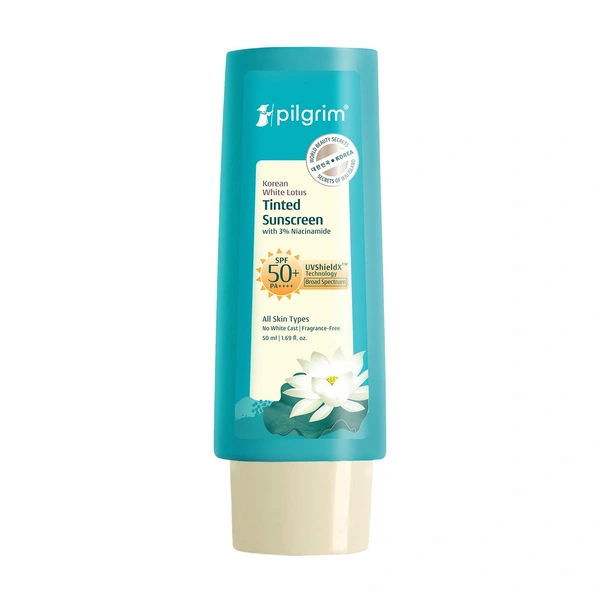 Pilgrim Korean White Lotus Tinted Sunscreen with 3% Niacinamide 50ml| SPF 50+ PA++++ | Broad Spectrum Protection | Universal Tint | Lightweight, Non-Greasy Formula