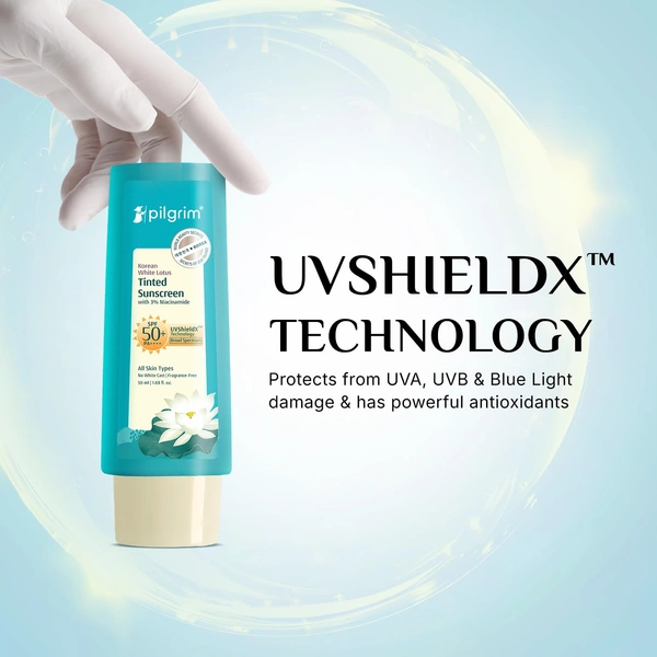 Pilgrim Korean White Lotus Tinted Sunscreen with 3% Niacinamide 50ml| SPF 50+ PA++++ | Broad Spectrum Protection | Universal Tint | Lightweight, Non-Greasy Formula