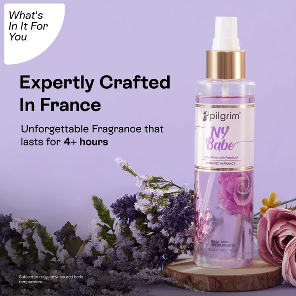 Pilgrim NY Babe Body Mist - 150 ml | With Dewy Rose & Bold Patchouli | Long-Lasting | Body Mist for Women | Romance perfume for women | Elegant fragrance | Designed in France