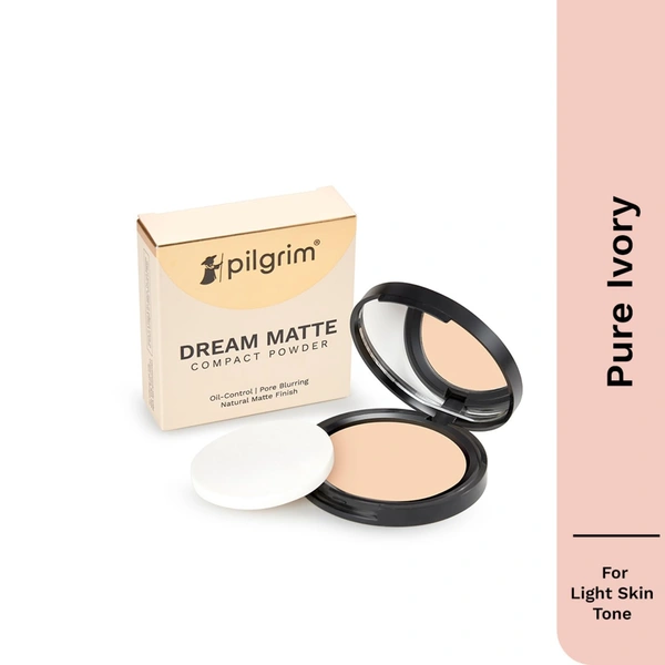 Pilgrim Dream Matte Compact Powder 70g, Pure Ivory � 110 | Oil-Free Formula, Controls Shine, and Evens Skin Tone for a Long-Lasting Matte Look.