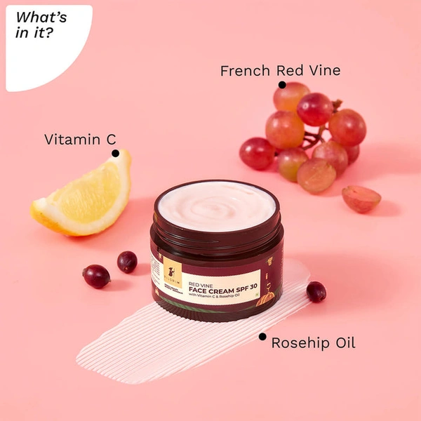 Pilgrim Red Vine Face Cream SPF 30 with Vitamin C & Rosehip Oil (PA+++), 50.0gm | Protects Against UV, Hydrates, and Brightens Skin.