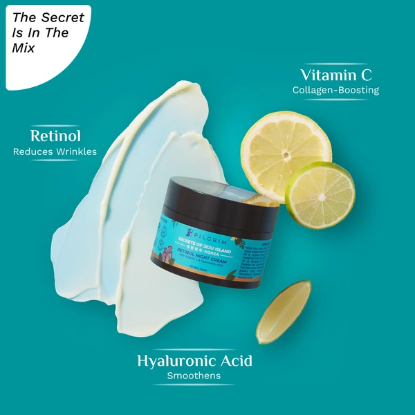 Pilgrim Retinol Night Cream-50g | with Vitamin C & Hyaluronic Acid | Youthful & Rejuvenated Skin | Reduce Wrinkles | Brightens & Evens Skin Tone | Lightweight & Non-Greasy | Improve Acne Scars | Collagen-boosting | Radiant skin | For All Skin Types