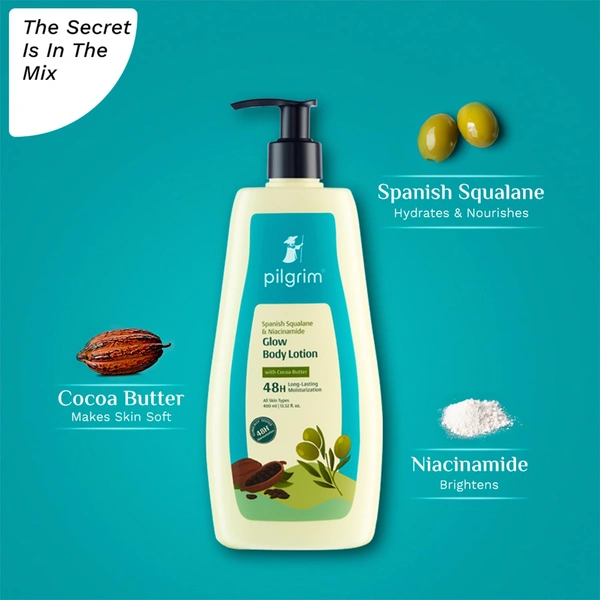 Pilgrim Spanish Glow Body Lotion 400ml with Squalane & Niacinamide | Hydrates, Brightens, and Smoothens Skin for a Natural Radiant Glow.