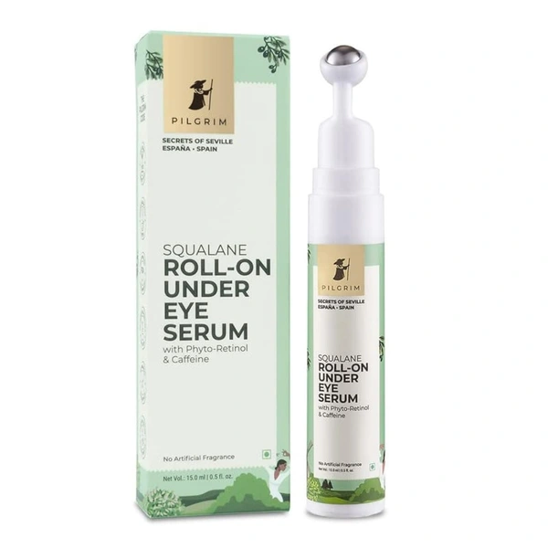 Pilgrim Spanish Squalane Roll-On Under Eye Serum - 15ml | With Phyto-Retinol & Caffeine | Dark Circle Remover | Fine Line & Puffiness Reduction | Anti-Aging & Refreshing | Wrinkle-fighting Under Eye Serum