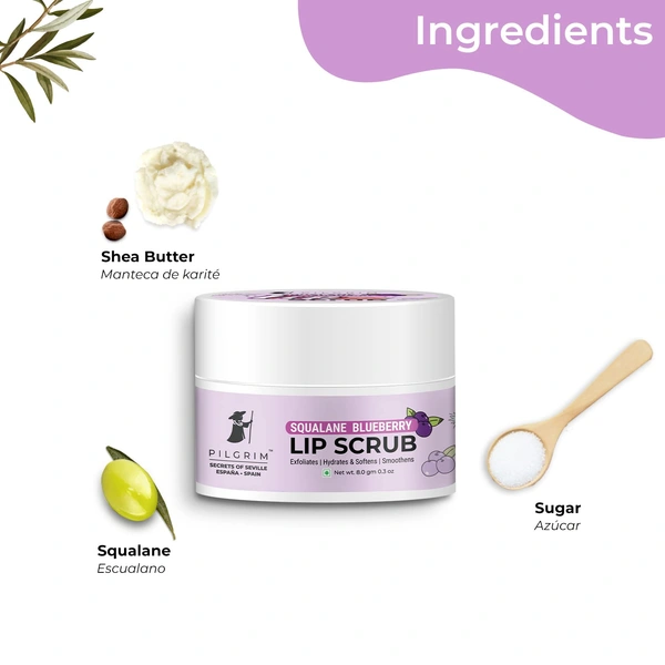 Pilgrim Squalane Blueberry Lip Scrub - 8g | With Sugar & Shea Butter | Smooth & Soft Lips | Deep Hydration | Exfoliate & Nourish Lips | Moisturizing Lips | Lip Scrub for Dark Lips