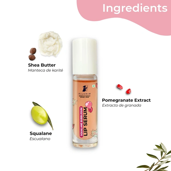 Pilgrim Squalane Bubblegum Roll-On Lip Serum - 6ml | Shea Butter & Pomegranate| Deeply Hydrates, Nourishes & Protects Lips | For Smooth & Chapped Lips | Moisturizing Lips | Lip Balm For Soft & Plump Lips | Paraben-free