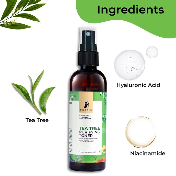 Pilgrim Tea Tree Purifying Toner - 100ml | With Niacinamide & Hyaluronic Acid | Pore-Minimizing Toner | Smooth Skin | Helping to Reduce Acne, Pores | Pore Cleansing & Glowing Skin | Toner for Oily Skin, Acne & Blemish Prone Skin