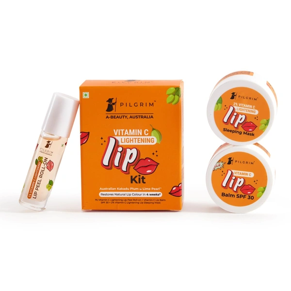 Pilgrim Vitamin C Lip Lightening Kit - 24ml | With Australian Kakadu Plum & Lime Pearl | Brightens, Exfoliates & Nourishes Lips | For Dark ,Dry & Chapped Lips | 3 in 1 With Lip Peel Roll On, Lip Sleeping Mask & Lip Balm , Orange