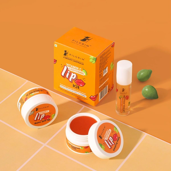 Pilgrim Vitamin C Lip Lightening Kit - 24ml | With Australian Kakadu Plum & Lime Pearl | Brightens, Exfoliates & Nourishes Lips | For Dark ,Dry & Chapped Lips | 3 in 1 With Lip Peel Roll On, Lip Sleeping Mask & Lip Balm , Orange
