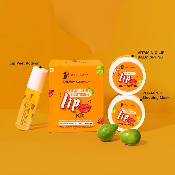 Pilgrim Vitamin C Lip Lightening Kit - 24ml | With Australian Kakadu Plum & Lime Pearl | Brightens, Exfoliates & Nourishes Lips | For Dark ,Dry & Chapped Lips | 3 in 1 With Lip Peel Roll On, Lip Sleeping Mask & Lip Balm , Orange