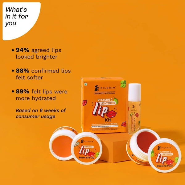 Pilgrim Vitamin C Lip Lightening Kit - 24ml | With Australian Kakadu Plum & Lime Pearl | Brightens, Exfoliates & Nourishes Lips | For Dark ,Dry & Chapped Lips | 3 in 1 With Lip Peel Roll On, Lip Sleeping Mask & Lip Balm , Orange