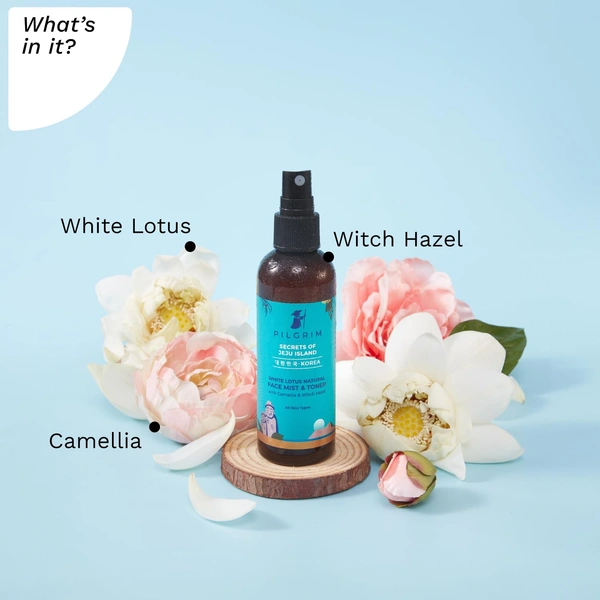 Pilgrim White Lotus Natural Face Mist & Toner -100ml | with Camellia & Witch Hazel | Pore-Tightening & Soothing Toner | Oil Control Toner | Hydrating & Refreshing | Lightweight & Non-sticky | For All Skin Types