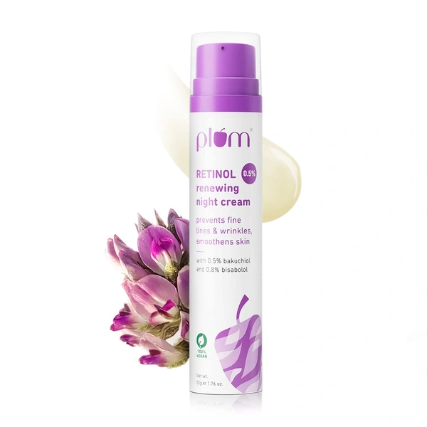 Plum 0.5% Retinol Renewing Night Cream 50g | Prevents Fine Lines & Wrinkles | With Bakuchiol & Bisabolol | Boosts Collagen | Smoothens & Firms Skin | 100% Vegan