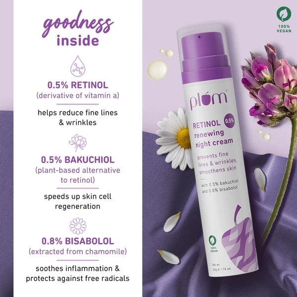 Plum 0.5% Retinol Renewing Night Cream 50g | Prevents Fine Lines & Wrinkles | With Bakuchiol & Bisabolol | Boosts Collagen | Smoothens & Firms Skin | 100% Vegan
