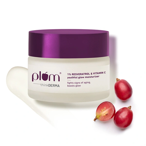 Plum 1% Resveratrol & Vitamin C Youthful Glow Moisturizer 50g | Lightweight Daily Cream for Radiant, Firm & Smooth Skin | Hydrating, Anti-Ageing, Vegan & Dermat-Tested