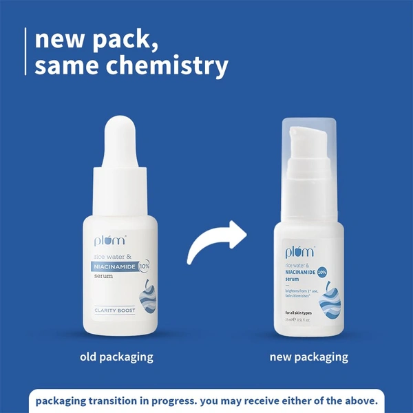 Plum 10% Niacinamide Serum with Rice Water 15ml | Brightening, Clear & Glowing Skin | Anti-Acne & Oil Control Serum for Acne-Prone, Oily, Combination & Sensitive Skin