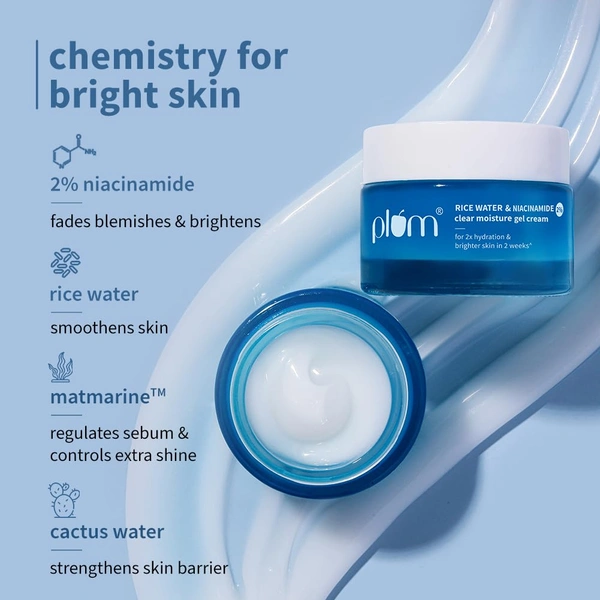 Plum 2% Niacinamide & Rice Water Superlight Gel Cream Moisturizer 50g | Oil-Free Hydration for Face | Brightens Skin, Fades Blemishes | Vegan, Dermat-Tested, All Skin Types