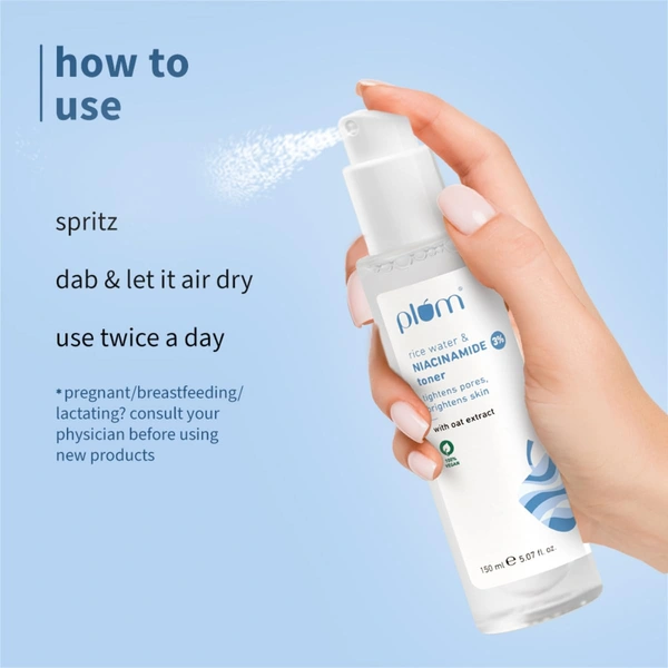 Plum 3% Niacinamide & Rice Water Face Toner 150ml | Alcohol-Free | Pore Tightening, Brightens & Smoothens Skin | Fades Blemishes | For Oily, Acne-Prone & Combination Skin | Women & Men | Vegan