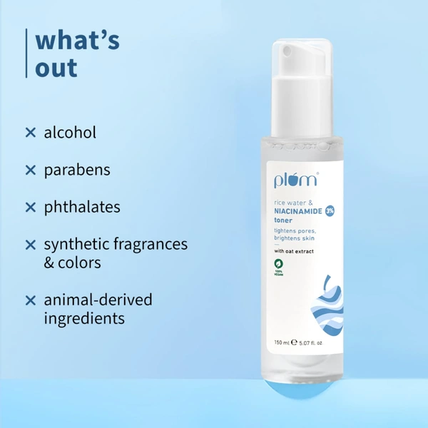 Plum 3% Niacinamide & Rice Water Face Toner 150ml | Alcohol-Free | Pore Tightening, Brightens & Smoothens Skin | Fades Blemishes | For Oily, Acne-Prone & Combination Skin | Women & Men | Vegan