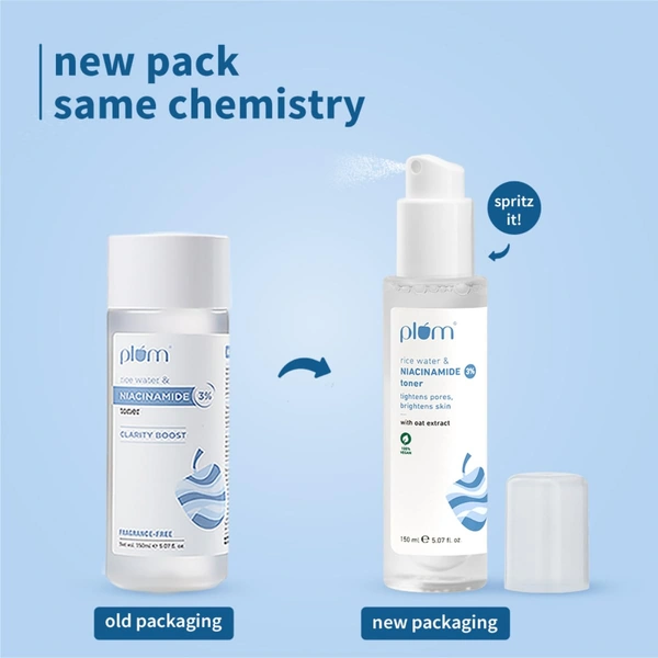 Plum 3% Niacinamide & Rice Water Face Toner 150ml | Alcohol-Free | Pore Tightening, Brightens & Smoothens Skin | Fades Blemishes | For Oily, Acne-Prone & Combination Skin | Women & Men | Vegan