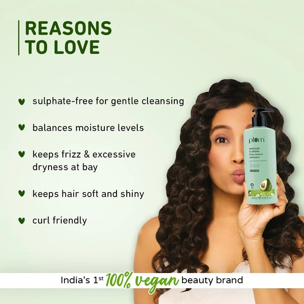 Plum Avocado & Argan Frizz Control Shampoo 250ml | For Curly, Wavy & Frizzy Hair | Sulphate & Paraben-Free | With Aloe Vera Extract | Reduces Frizz & Hydrates