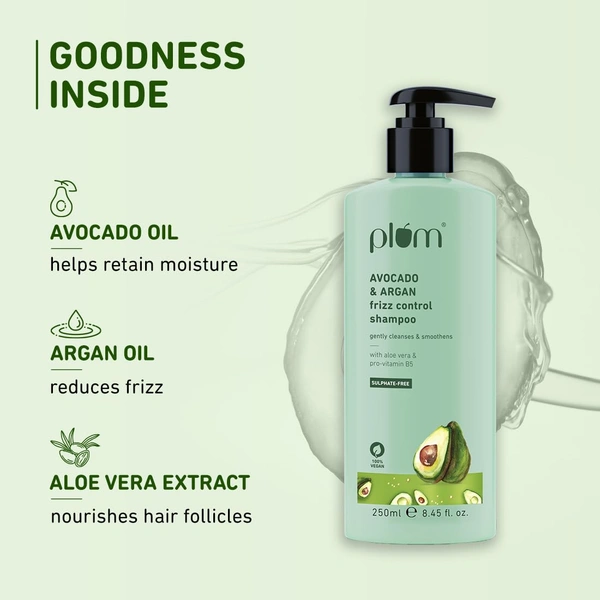 Plum Avocado & Argan Frizz Control Shampoo 250ml | For Curly, Wavy & Frizzy Hair | Sulphate & Paraben-Free | With Aloe Vera Extract | Reduces Frizz & Hydrates