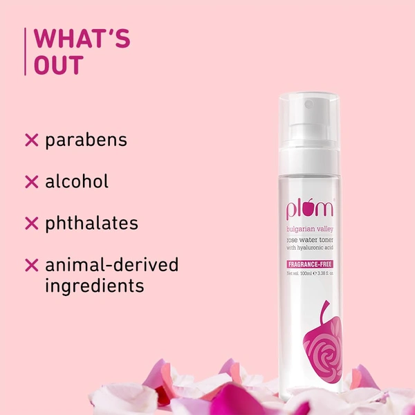 Plum Bulgarian Valley Rose Water Face Toner 100ml | With Hyaluronic Acid | Hydrating & Pore Tightening | Balances pH, Alcohol-Free | For Oily, Acne-Prone & Combination Skin | Women & Men | Vegan