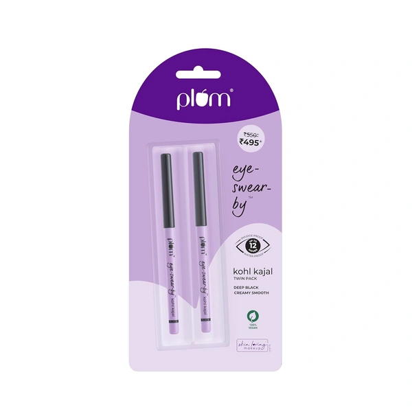 Plum Eye-Swear-By Kajal 0.35g Combo Pack Deep Black pack of 2 | Creamy Smooth, Waterproof & Smudge-Proof | 12hr Long-Lasting Twist-Up Kajal Pencil | Enriched with Vitamin E | 100% Vegan & Cruelty-Free