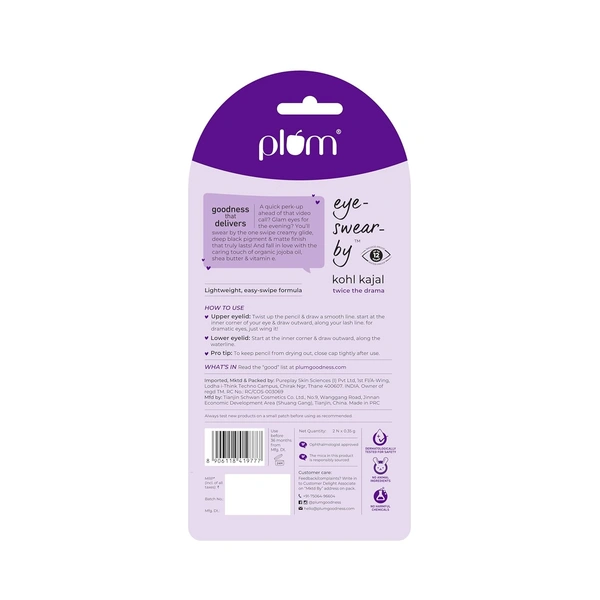 Plum Eye-Swear-By Kajal 0.35g Combo Pack Deep Black pack of 2 | Creamy Smooth, Waterproof & Smudge-Proof | 12hr Long-Lasting Twist-Up Kajal Pencil | Enriched with Vitamin E | 100% Vegan & Cruelty-Free