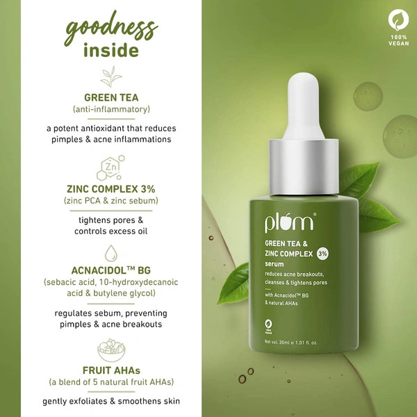 Plum Green Tea & Zinc Complex 3% Serum 30ml | Fights Pimples & Controls Oil | With Acnacidol� BG & Natural AHAs | Tightens Pores & Gently Exfoliates