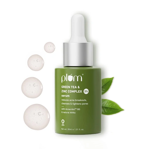 Plum Green Tea & Zinc Complex 3% Serum 30ml for Acne-Prone Skin | Controls Sebum & Clears Pores | Reduces Breakouts & Tightens Skin | Lightweight & Non-Greasy