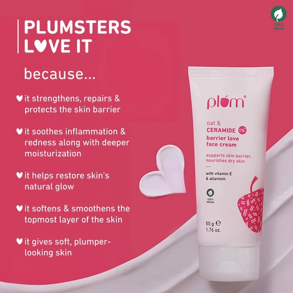 Plum Oat & 1% Ceramide Barrier Love Face Cream 50g | Repairs & Strengthens Skin Barrier | With Vitamin E & Allantoin | Moisturizer for Normal & Dry Skin | Unisex