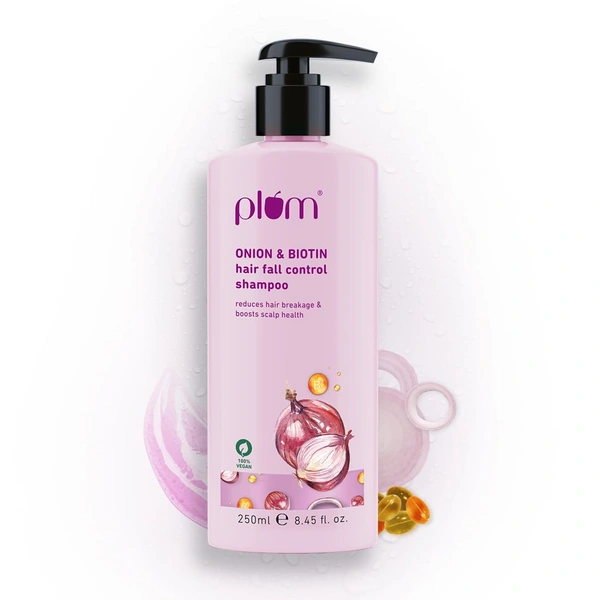 Plum Onion & Biotin Shampoo for Hairfall Control 250ml | Reduces Hairfall & Breakage | With Onion Extract, Biotin & D-Panthenol | Boosts Scalp Health | Paraben-Free & Vegan