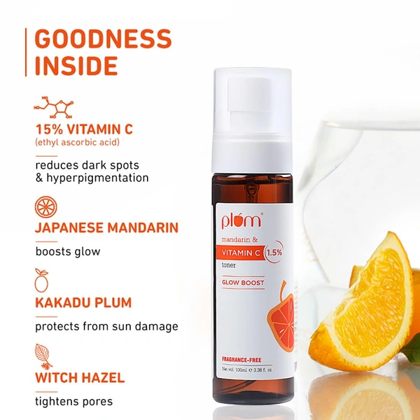 Plum Vitamin C Face Toner 100ml | With Mandarin & Kakadu | Alcohol-Free | Brightens & Reduces Pigmentation | For Glowing Skin | For Oily, Combination, Acne-Prone, Dry, Normal & Sensitive Skin | Women & Men | Vegan